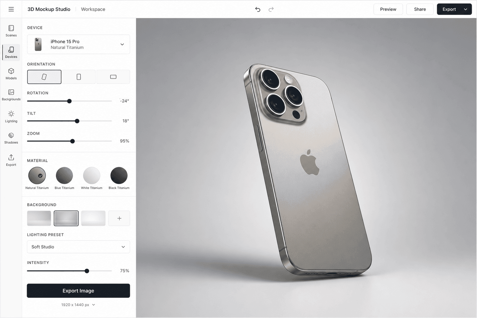 The3DTools iPhone mockup workspace with controls beside a live 3D device preview